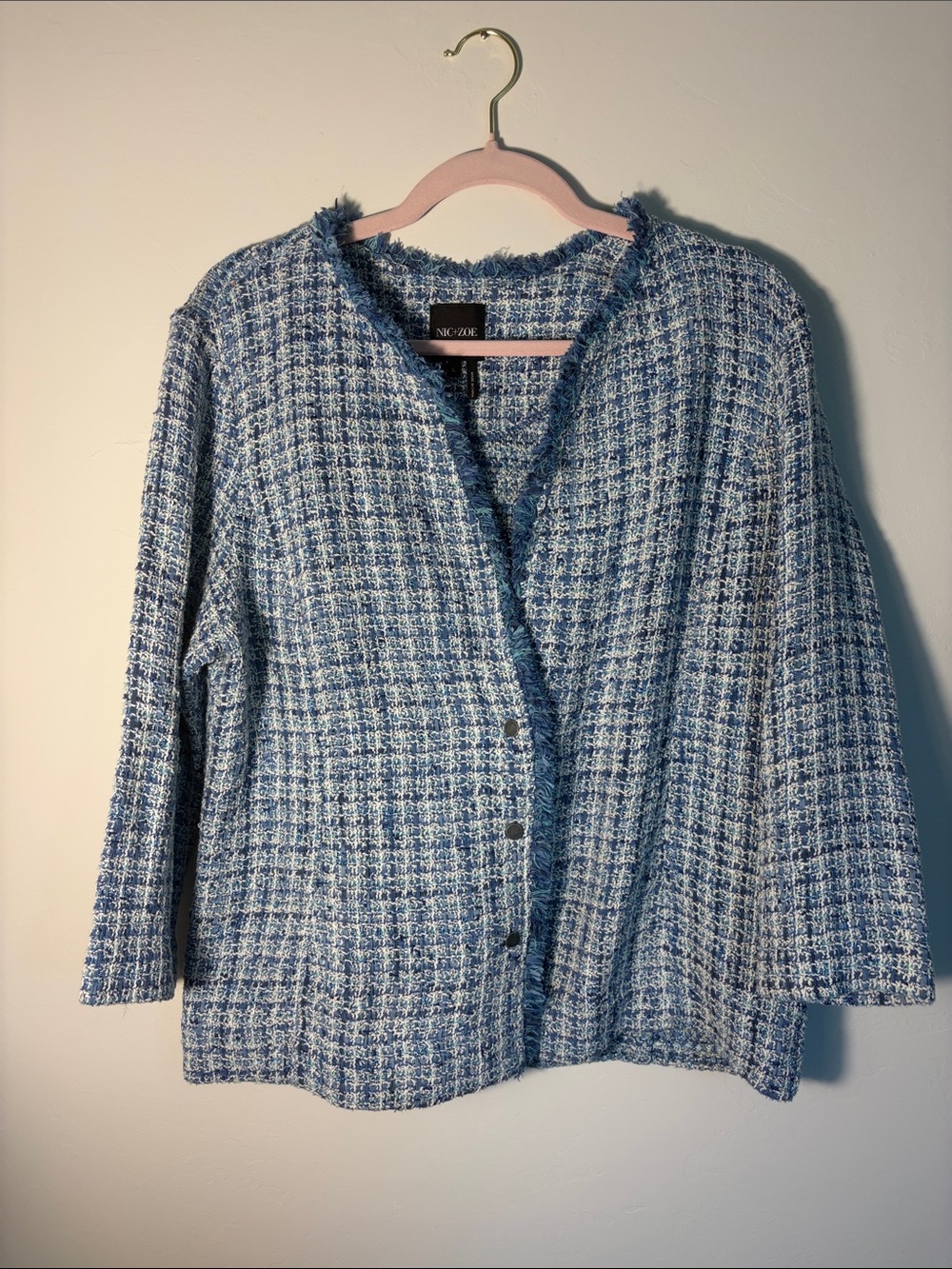 NIC+ZOE Blue and White Tweed Frayed-Trim Jacket
